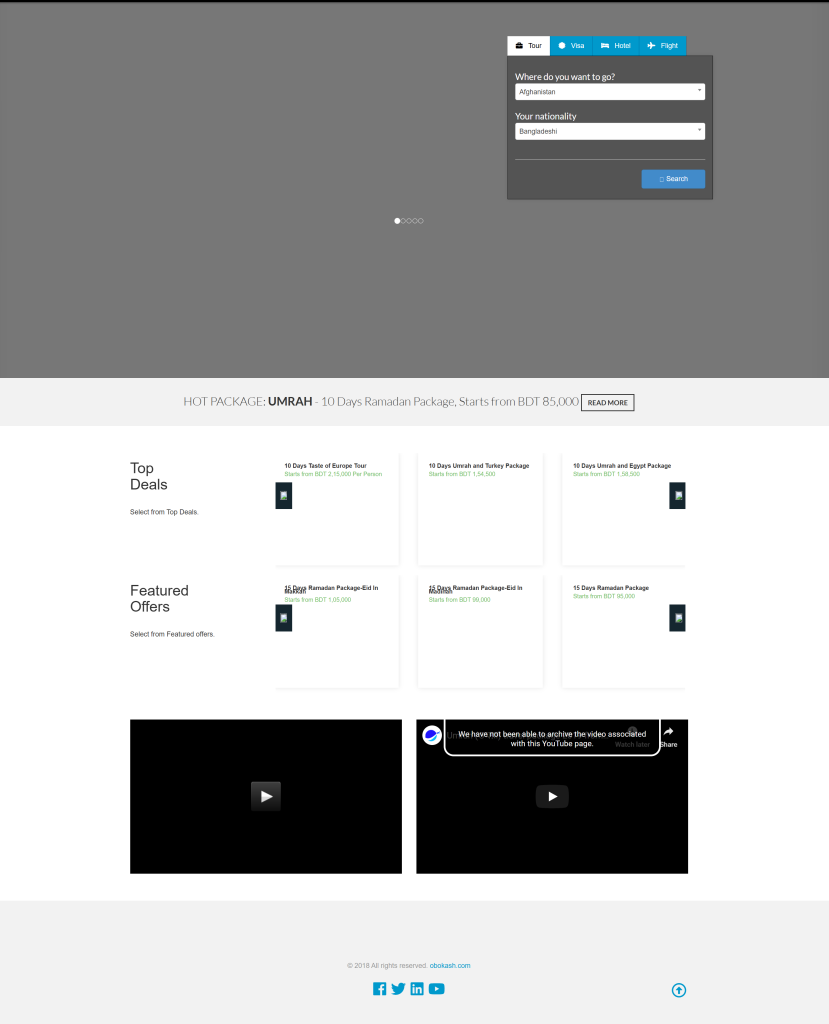 Obokash travel agency website before SEO and redesign work began in September 2018